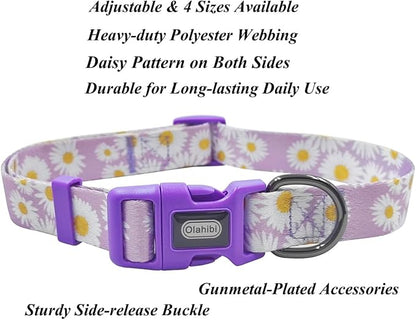 Dog Collar Leash Set, Floral Pattern, Polyester Material, Adjustable Collar and 5ft Matchcing Leash, for Large Dogs.(L, Light Purple Daisy)