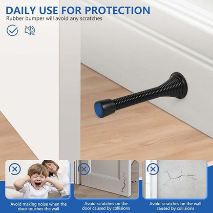 KISEER 12 Pack Spring Door Stops 3 1/4 Inch Flexible Heavy Duty Spring Door Stopper with RustProof Screw Rubber Bumper Tips (Black)