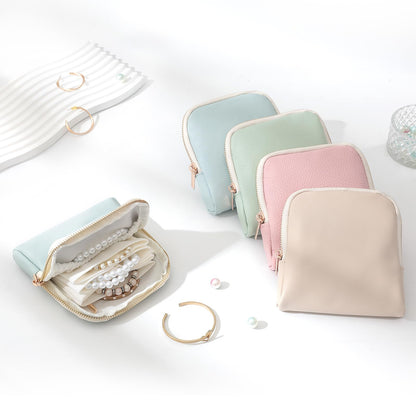 NGVRC Genuine Leather Travel Jewelry Organizer Case Pouch Bags with Zipper, Small Mini Portable Jewelry Storage Bag for Ring Earrings Necklace Bracelet Travel Essentials Gift for Women（Cyan）