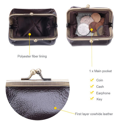ZZHAOYI Genuine Leather Coin Purse for Women Small Kiss Lock Change Purse Clasp Coin Coin Holder Pouch Cute Wallet (Coffee)
