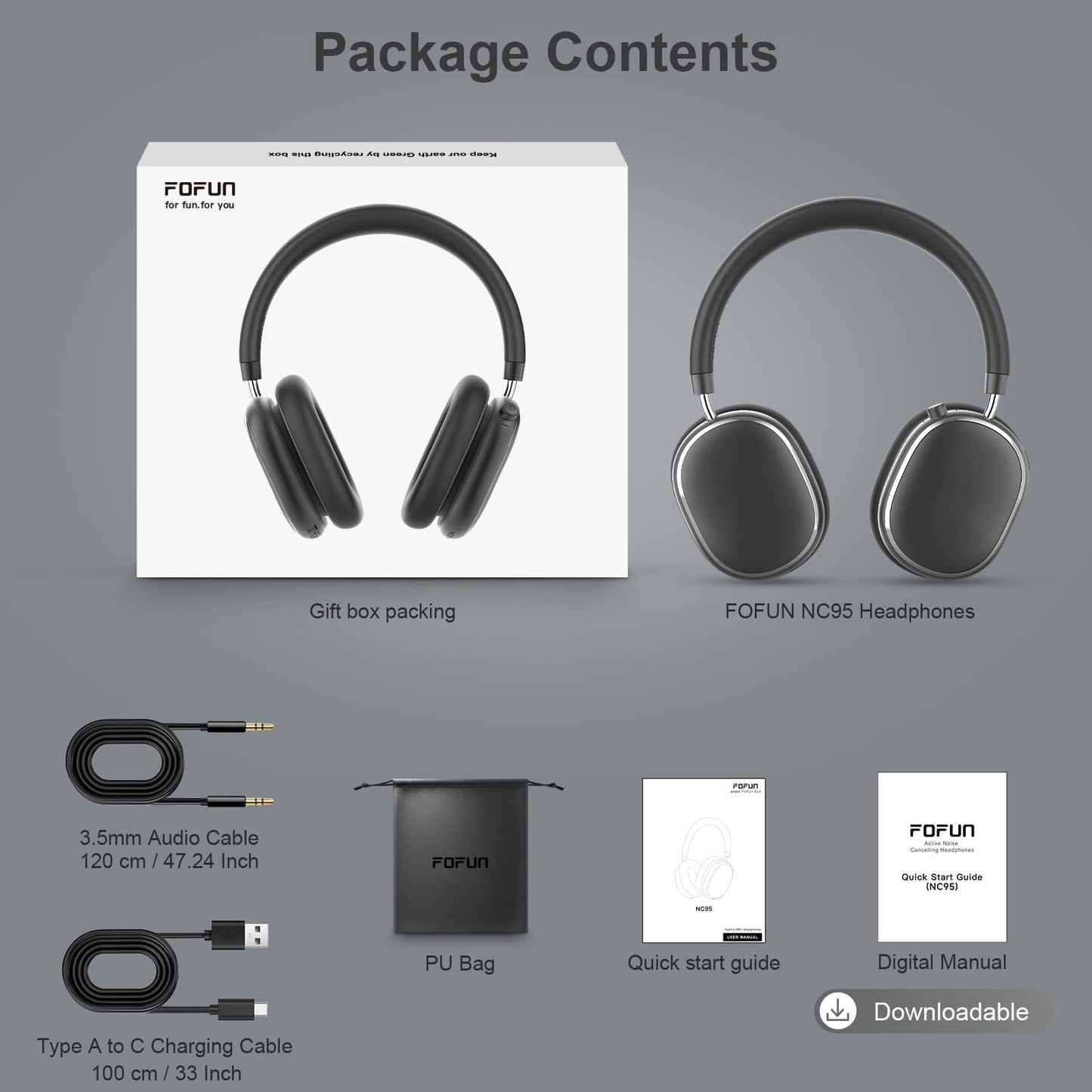 FOFUN NC95 Hybrid Active Noise Cancelling Headphones with Knob Control, 120H Playtime Over Ear Headphones Wireless Bluetooth 6.0, App Control, Hi-Res Audio, Comfort Fit, Clear Calls for Travel/Workout