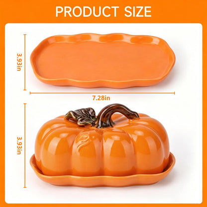 FTNESGYM Butter Dish with Lid for Countertop, Ceramic Cute Pumpkin Butter Container, Serving Tray with Cover, Decor Dinnerware for Halloween Thanksgiving Pumpkin Party (Orange)