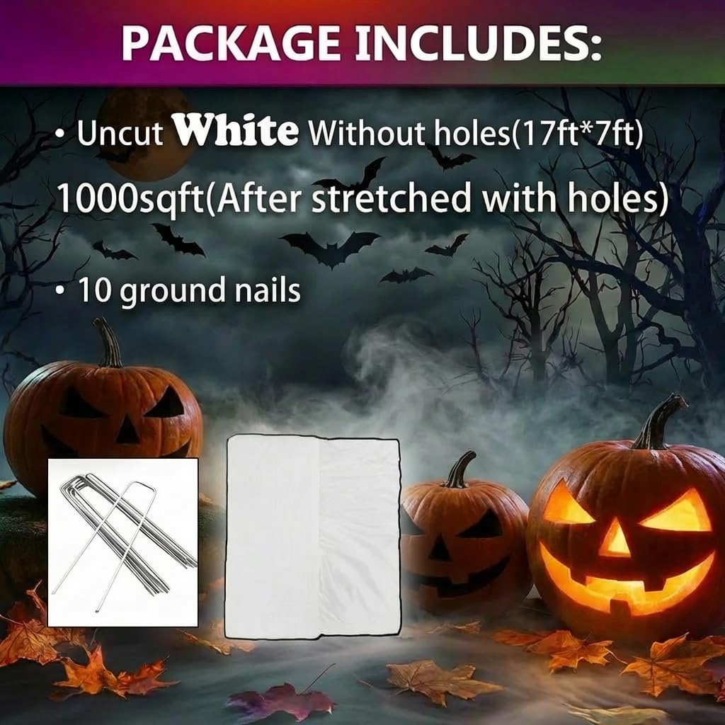 1000 Sqft（After Streched with Holes）Uncut Giant DIY Spider Web Halloween Decorations Outdoor with 10 Ground Nails Stretchy Beef Cloth Netting Cut-Your-Own Flexible Elastic for Yard Party Decor