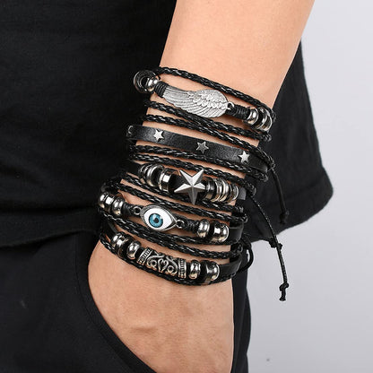 WAINIS 6 Pack Mens Black Leather Bracelets Set for Men Stackable Braided Cuff Bracelet Tribal Punk Rock Handmade Wristband