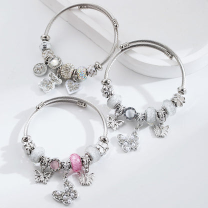 QMWKVNC Charm Bracelets for Girls,Exquisite Cute Cartoon Friendship Silver Bracelets Stainless Steel Bangle, Girls Jewelry Suitable for Holiday Gifts and Birthday Gifts (Bracelets-D)