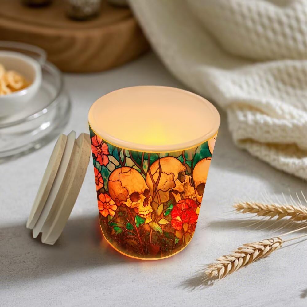 Skull Tealight Candle Holders for Table Centerpiece,Glass Jars Stainless Glass Skull Tea Lights Candle Holder LED Tea Light for Halloween,Home & Party Decor