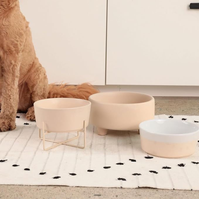 Waggo Simple Solid Dog Bowl and Dog Bowl Stand - Single Iron Stand with Single Ceramic Feeder or Water Bowl (Matte Buttercream, Large)