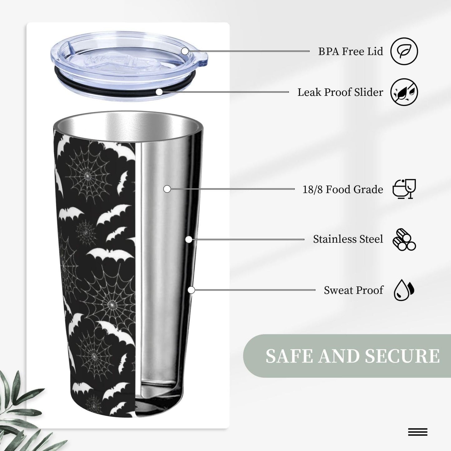 YIKISSKID Halloween Bats 20oz Tumbler with Lid and Straw for Women Men, Halloween Spider Web Insulated Mug White Bat Spider Web Stainless Steel Tumbler Double Wall Vacuum Travel Mug Coffee Cup