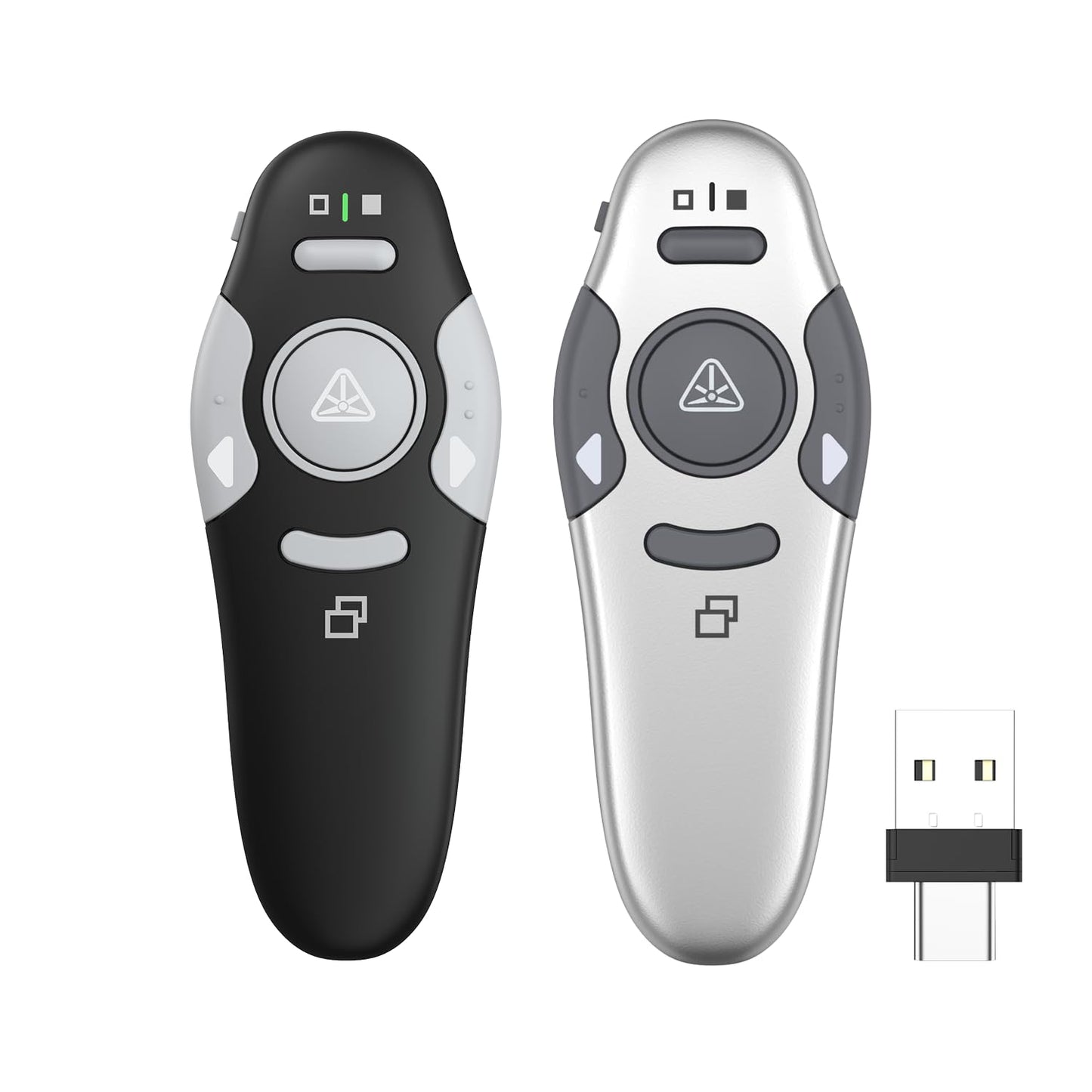 QUI 2 Pack Presentation Clicker, Wireless Presenter Remote Clicker for PowerPoint, Slide Advancer for Mac, Windows, Google Slide, Keynote (USB Type-c, Black Silver)