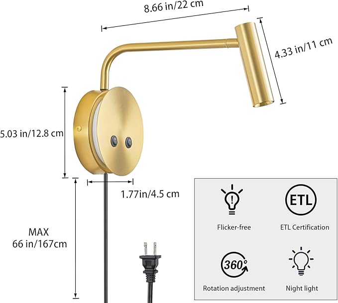 Gold Wall Mounted Reading Light 2 Pack, 3000K Flexible Headboard Reading Sconces with On Off Switch Control, Plug in/Hardwired Wall Light Fixtures with Night Light for Bedside Bedroom Bunk