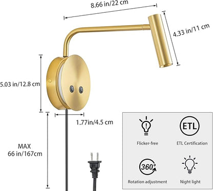 Gold Wall Mounted Reading Light 2 Pack, 3000K Flexible Headboard Reading Sconces with On Off Switch Control, Plug in/Hardwired Wall Light Fixtures with Night Light for Bedside Bedroom Bunk