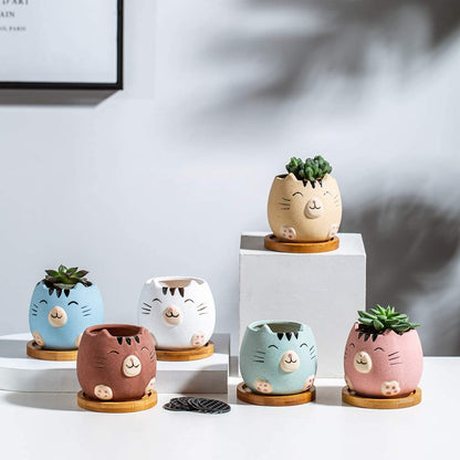 6Pack 3.4inch Small Ceramic Animal Planter Pots for Baby Succulent with Drainage and Bamboo Tray (Matte Cats)