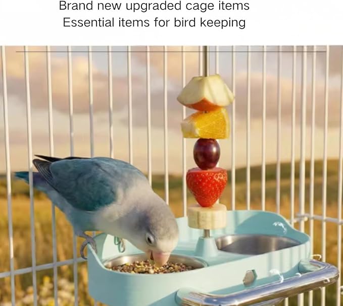 Bird Feeder Birds Bowls Stainless Steel Dishes Coop Cups with Fruit Skewer, Parrot Feeding Dish Cups Food Water Bowls with Bird Food Holder for Budgies Lovebirds (Yellow,Square)