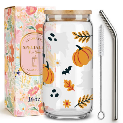 Halloween Ghost Pumpkin Glass Cup with Straws and Lids Gifts for Women,Friends,Happy Halloween Coffee Mug Trick Or Treat Iced Coffee Cup Glass Tumbler 16oz,Spooky Gifts for Boo Basket Stuffers