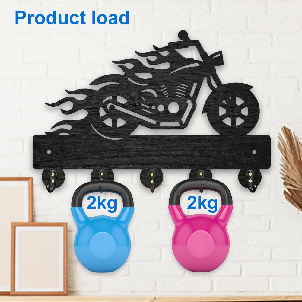 MAYJOYDIY Wood Motorcycle Flame Coat Hooks Motorbike Fire Key Holder for Wall 11.8×7.9inch Black Key Hooks Rack 5 Alloy Hooks Home Decor Gifts Entryway Kitchen Bathroom Storage Organizer