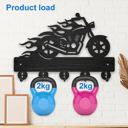 MAYJOYDIY Wood Motorcycle Flame Coat Hooks Motorbike Fire Key Holder for Wall 11.8×7.9inch Black Key Hooks Rack 5 Alloy Hooks Home Decor Gifts Entryway Kitchen Bathroom Storage Organizer