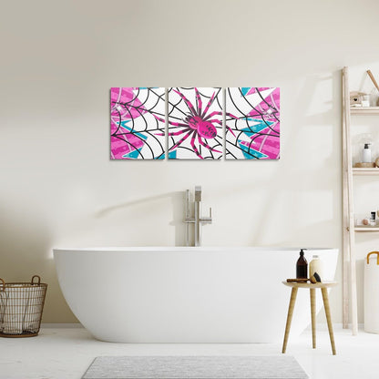 Pink Spider Canvas Wall Artwork Decor,Black Spider Web Halloween Gothic Trippy Girls Boys Bedroom Wall Painting,Stars Stripe Geometric Poster Pictures,Unique 3 Pieces Framed Canvas Wall Art