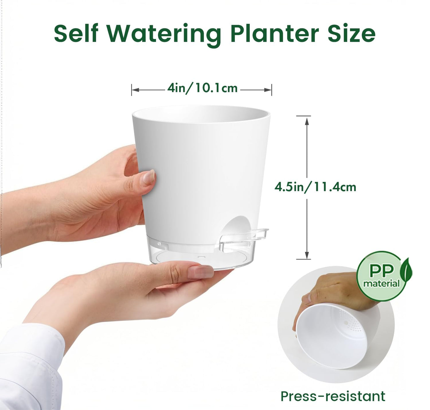 Meowell 4 inch Self Watering Pots for Indoor Plants, 5 Pack Small Flower Plant Pots with Drainage Holes and Clear Reservoirs, Visible Water Level, Plastic Planters with Wicking Rope, White