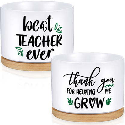 Newtay 2 Pcs End of Year Teacher Gifts Thank You for Helping Me Grow Pots Ceramic Succulent Pots White Flower Planter Pot Teachers Appreciation Gifts for Graduation Back to School