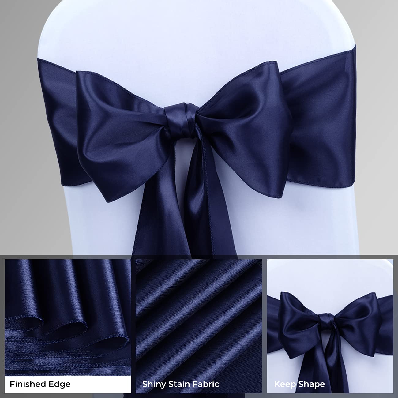 Satin Chair Sashes Ties - Babenest Upgraded 50 pcs Chair Ribbons Bows for Wedding Banquet Party Christmas Baby Shower Events Decoration (Navy Blue)