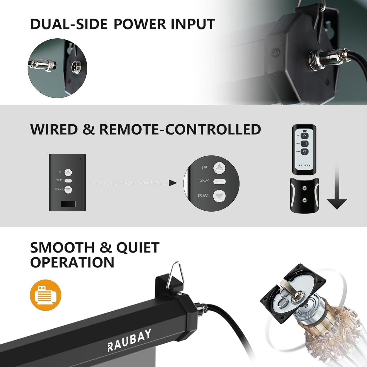 RAUBAY Motorized Pull Down Grey Screen Backdrop - 78.7" x 86.6" Collapsible Wall-Mount Background for Professional Video Production, Photography Studio, Video Conferencing and YouTube, TikTok Creator