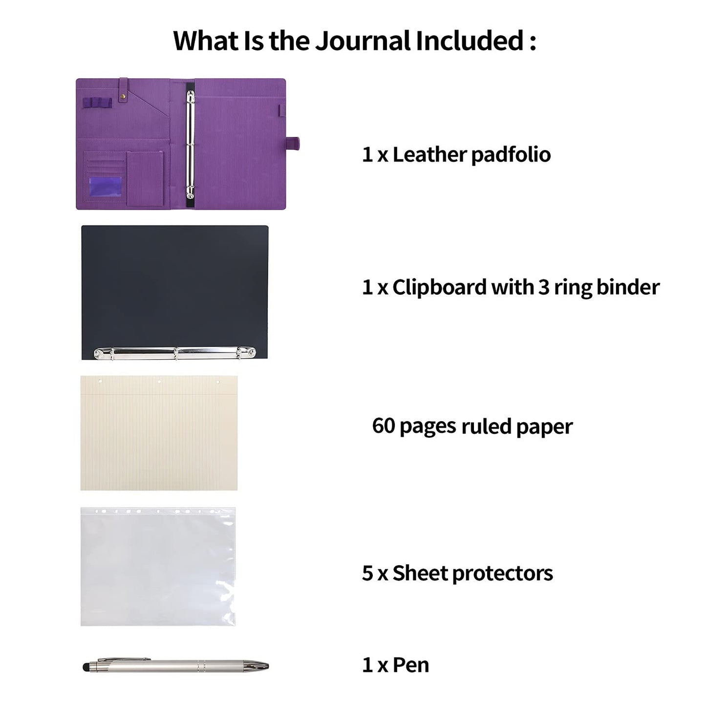 Wonderpool A4 PU Leather Portfolio Holder Ring File Document Case with Removable Binder Clipboard, Multi Pocket and Legal Pad for Business Organizer Interview and Meeting (Purple)