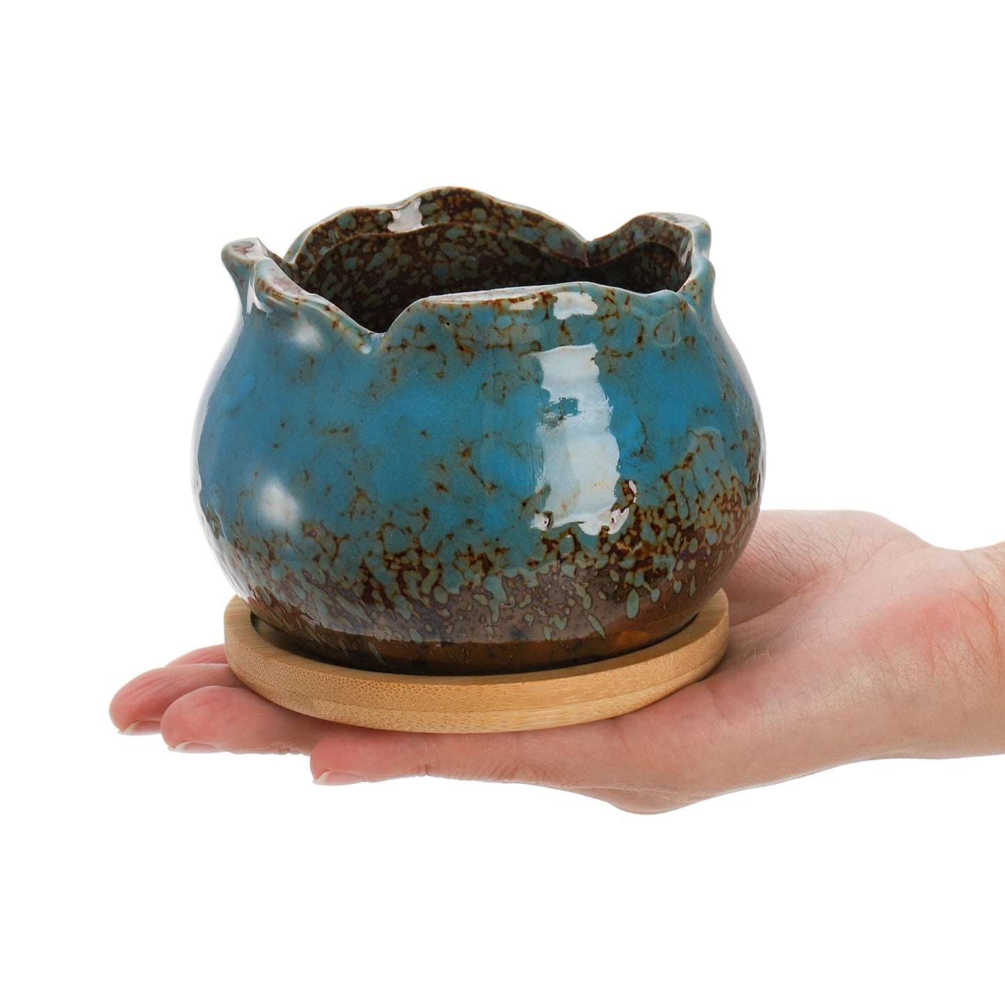 TOPZEA Set of 6 Succulent Plant Pots, 4 Inch Glazed Ceramic Pots with Drainage and Saucer, Mini Bonsai Planter Small Flower Pots for Indoor Outdoor Use