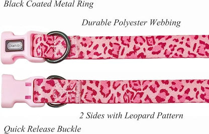 Dog Collar Leash Set, Leopard Pattern, Polyester Material, Adjustable Collar and 5ft Matching Leash, for Medium Dogs.(M, Pink Leopard)