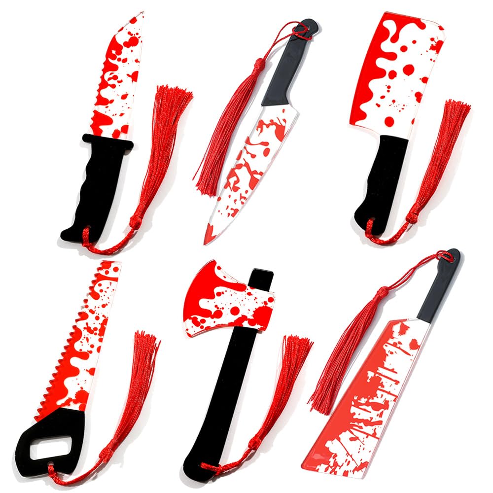 Horror Novelty Bookmark Set - 6 Creepy Tool Shapes with Blood Stain Design, Gothic Book Accessories for Halloween Gifts, Macabre Metal Page Holders with Red Tassels (6Pcs Tools of Terror)