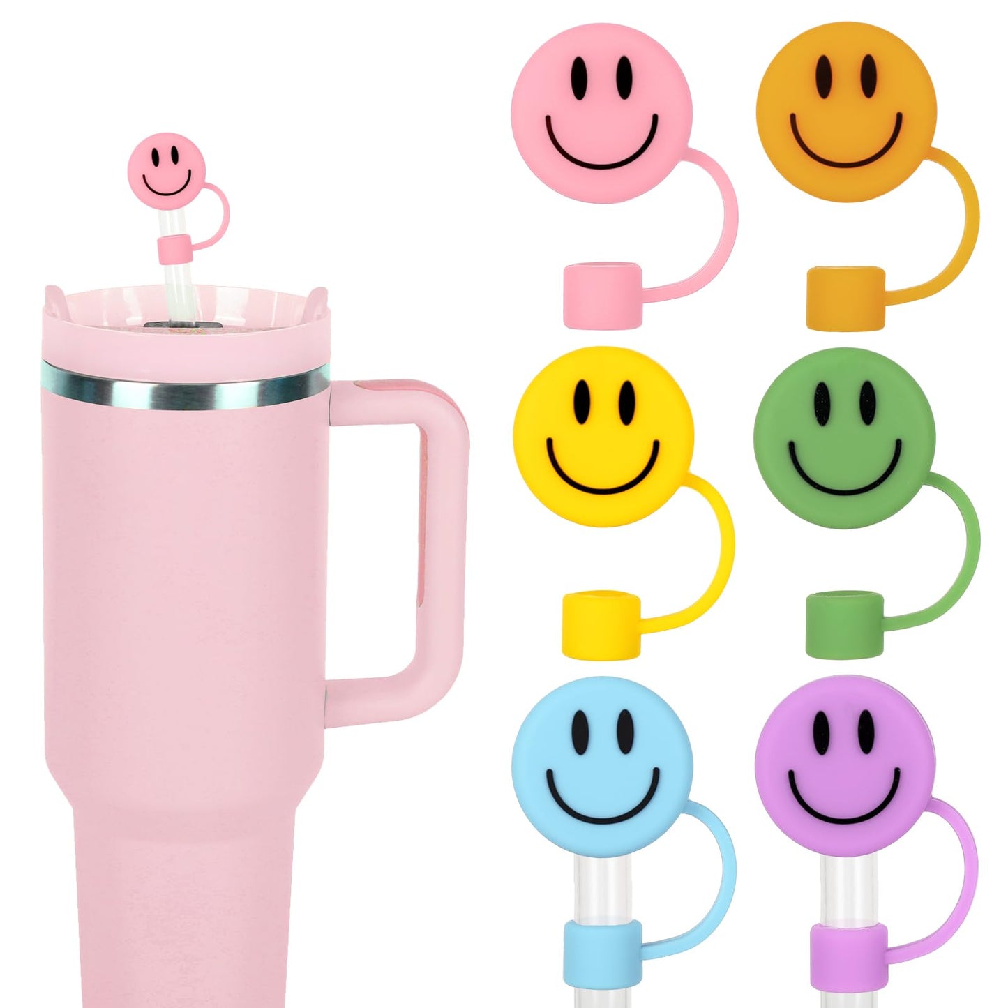 Whaline 6 Pcs Groovy Smile Face Straw Covers 0.4 Inch Silicone Reusable Round Straw Topper Double Sided Pattern Straws Tip Covers for 30 & 40 Oz Tumbler with Handle