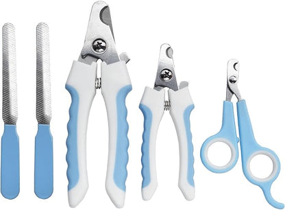 5Pcs Dogs and Cats Grooming Nail Clippers Kit Pet Claws Nail Clipper Trimmers, with Protective Guard Lock to Avoid Over Cutting, Professional Trimmers for Large and Small Cat and Dog (Blue)