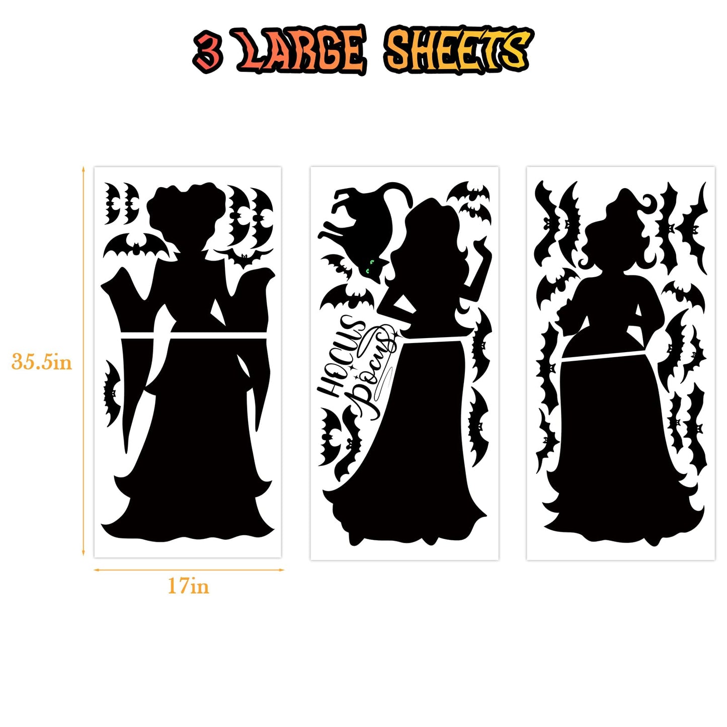 Halloween Window Clings Decor Decorations: Extra Large Hocus-Pocus Witchs Black Cat Bat Silhouette Window Decals, Halloween Window Stickers Indoor, School Home Office Party 3 Sheets