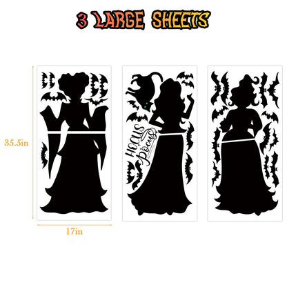 Halloween Window Clings Decor Decorations: Extra Large Hocus-Pocus Witchs Black Cat Bat Silhouette Window Decals, Halloween Window Stickers Indoor, School Home Office Party 3 Sheets
