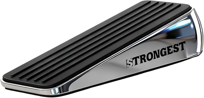 STRONGEST HOME Stoppers for Bottom of Door – Heavy Duty Metal Rubber Door Stopper, Non-Slip Door Stop for Heavy Doors, Works on Wood, Tile & Carpet Floors, Wedge Chrome 1 PC + 1 White Wall Protectors