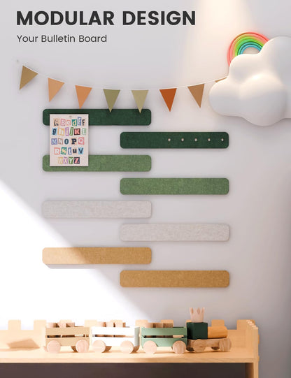 Fluxynara Cork Board Alternative Felt Strip Board 8-Pack 13"x2", Office Pin Board with 50 Push Pins, Adhesive Install for Bedroom Door & Home Office (Moss Glimmer)