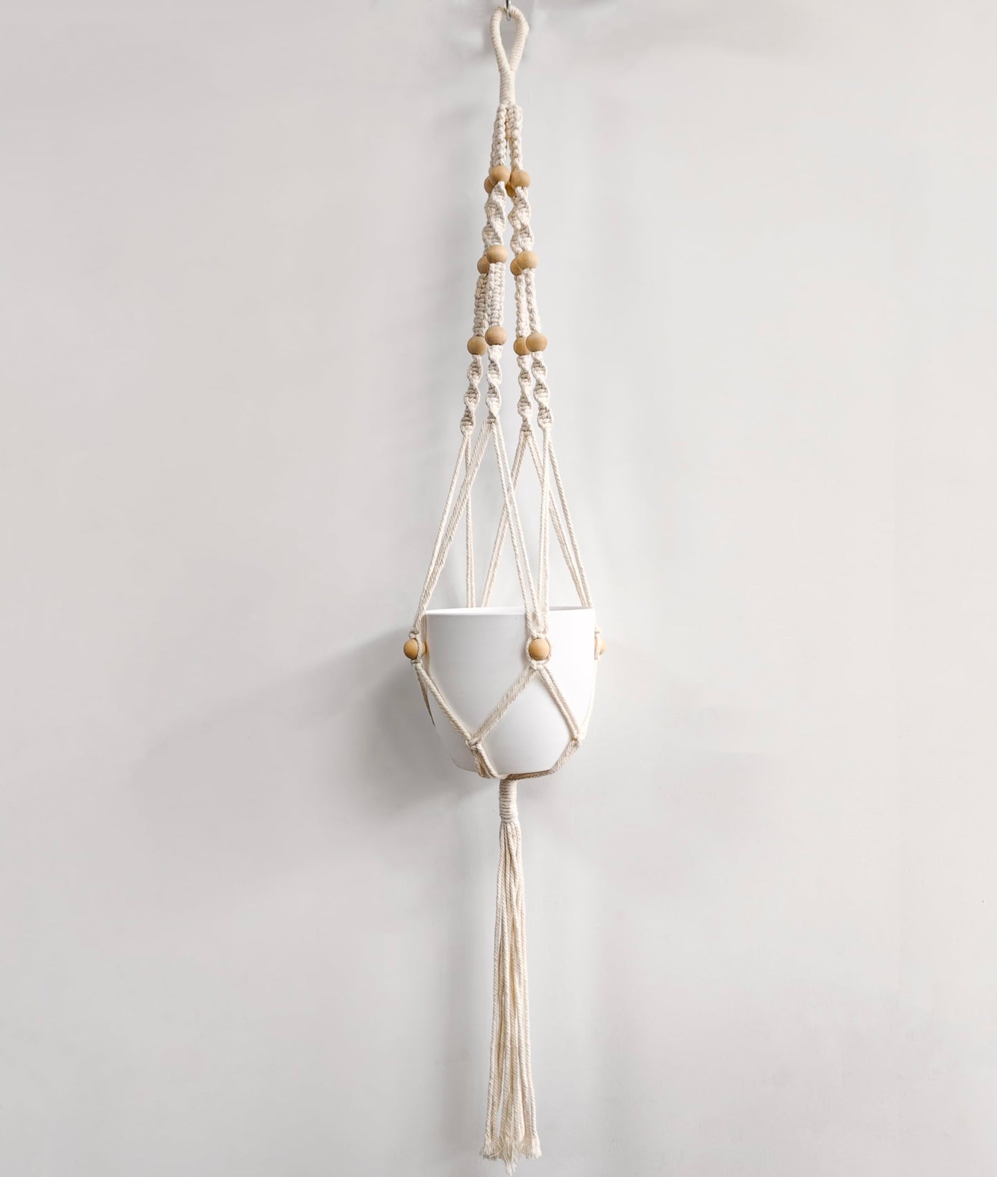 2 Pack Macrame Plant Hanger with Lights Indoor Hanging Planter Basket with Wood Beads Flower Pot Holder Handwoven Cotton Rope Tassels for Boho Home Window Decor 43.5 Inch, Ivory (POTS NOT Included)