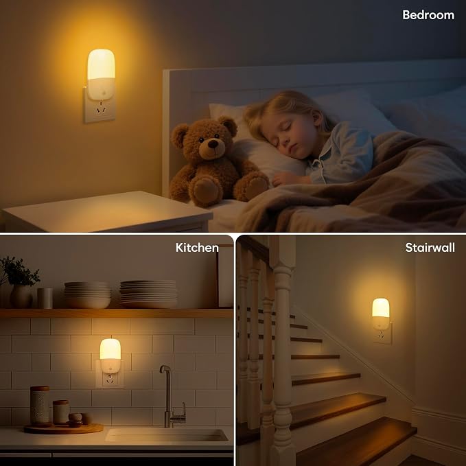 LED Night Light Plug into Wall, 4 Pack Dusk to Dawn Sensor Nightlight with Retractable Plug & 3 Adjustable Brightness, Dimmable 3000K Warm Lights for Adults Kids Bedroom Stair Hallway Kitchen