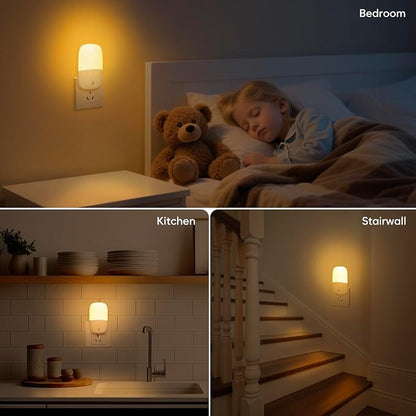 LED Night Light Plug into Wall, 4 Pack Dusk to Dawn Sensor Nightlight with Retractable Plug & 3 Adjustable Brightness, Dimmable 3000K Warm Lights for Adults Kids Bedroom Stair Hallway Kitchen