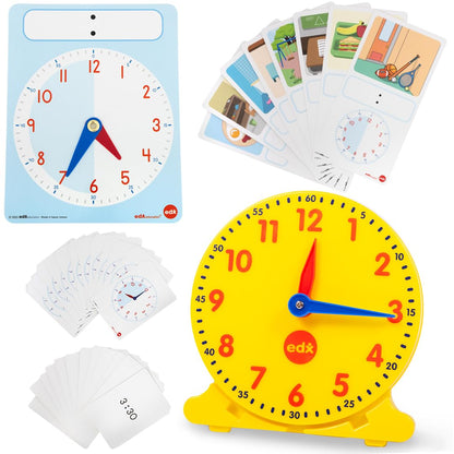 edxeducation Learning Clock Activity Set | 8 Double-Sided Activity Cards and 25 Flashcards | Digital and Analog Teaching Clocks for Kids