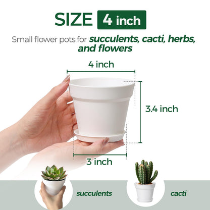T4U 4 Inch Plant Pots 18-Pack, Small Flower Pots with Saucer and Drainage Hole, Durable Plastic Pots, Nursery Small Flower Pot Bulk for Plants, Succulent, Violet, Decorative (18 Pack 4" Pot, White)