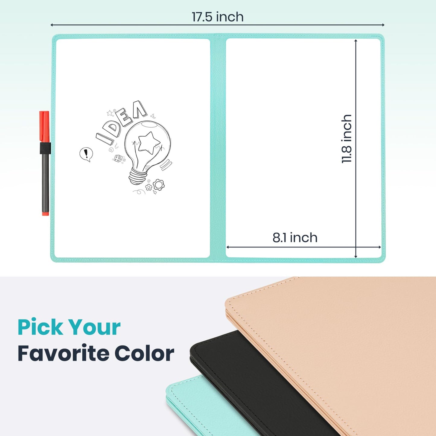 WALGLASS Double-Sided Small White Board Dry Erase, 12'' x 9'' Portable Reusable Whiteboard Notebook, Foldable Mini Handheld Board for Students Practice, Home, School, Office, Travel - Blue PU Leather