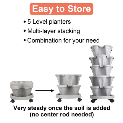GameXcel Vertical Planter Tower - 5 Tier Stackable Garden Planters with Wheels and Tools Plant Pots for Strawberry Herb Flower and Vegetable Indoor Outdoor Use Gray