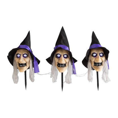 Fun Express 3 Pieces 2 ft. Light-Up Witch Head Yard Stake Halloween Decorations