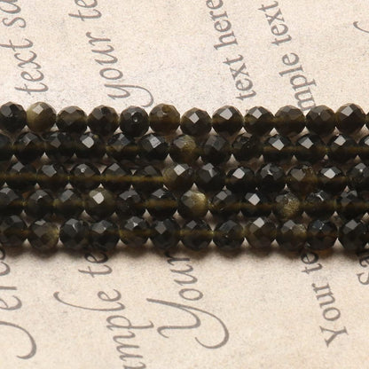 Song Xi 180pcs 2mm Natural Gold Obsidian Gemstone Beads Faceted Round Loose Stone Beads for Jewelry Making (1 Strand)
