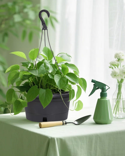 VIDELLY 12 Inch Large Hanging Planters for Indoor Plants,2 Pack Plastic Hanging Basket Pots with Drainage Trays & Chain Holders for Outdoor Indoor Plants Garden Balcony Decoration (Dark Gray)