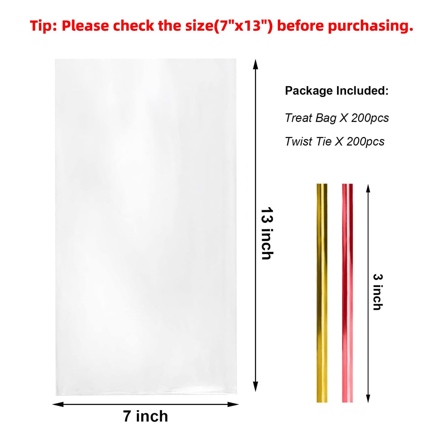 Morepack Cello Cellophane Treat Bags,200 Pieces 7x13 Inches Clear Plastic Gift Bags with Twist Ties,Party Favor Bags (Flat, No Gusset, Bottom)