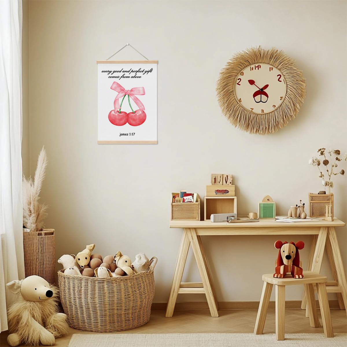 Cherry Bathroom Wall Decor Poster Hanger, Bow Cherry Wall Hanging Banner, James 1:17 Christian Art Framed, Bible Verse Decor for Bathroom Home Bedroom Living Room, Gifts for Women Friend family