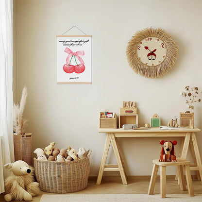 Cherry Bathroom Wall Decor Poster Hanger, Bow Cherry Wall Hanging Banner, James 1:17 Christian Art Framed, Bible Verse Decor for Bathroom Home Bedroom Living Room, Gifts for Women Friend family
