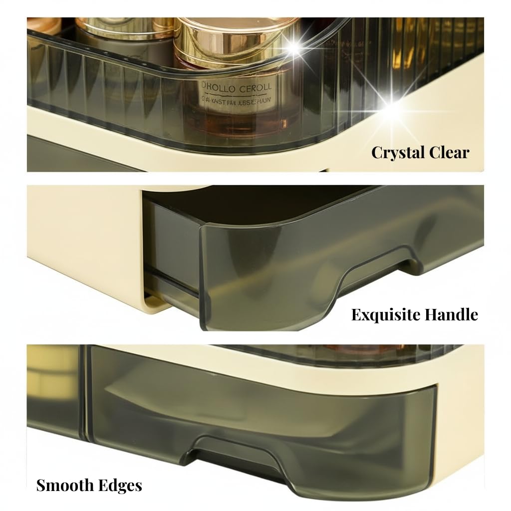 Tidyladyo Makeup Organizer Countertop with Dual Drawers, Large Capacity Cosmetic Storage for Vanity Bathroom Skincare, 360° Rotating Makeup Brush Holder