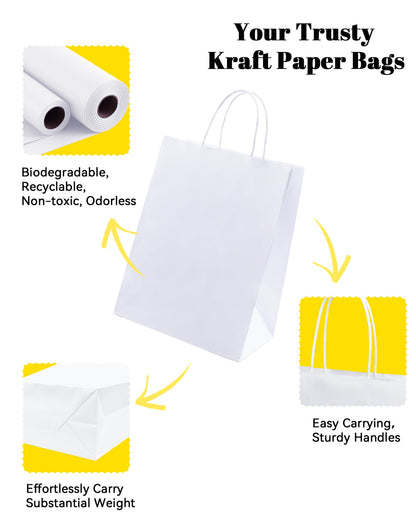 BAG BOX 100 Pack 8.25x4.3x10.6 Inch White Gift Bags with Handles,Bulk Kraft Paper Bags for Shopping, Retail, Merchandise, Wedding, Party Favors, Paper Grocery Sacks